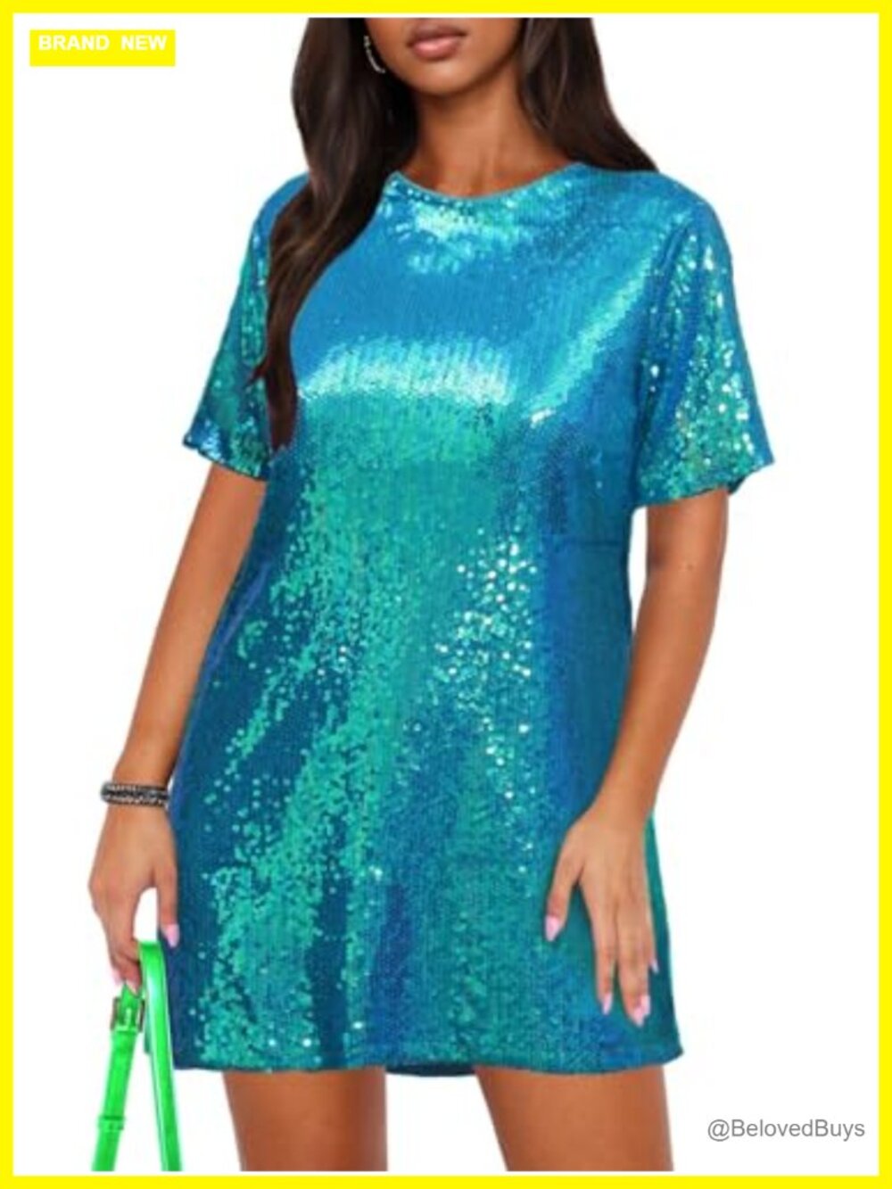 Sequin T Shirt Dress Short Sleeve V Neck Back Tie Mini Shift Party